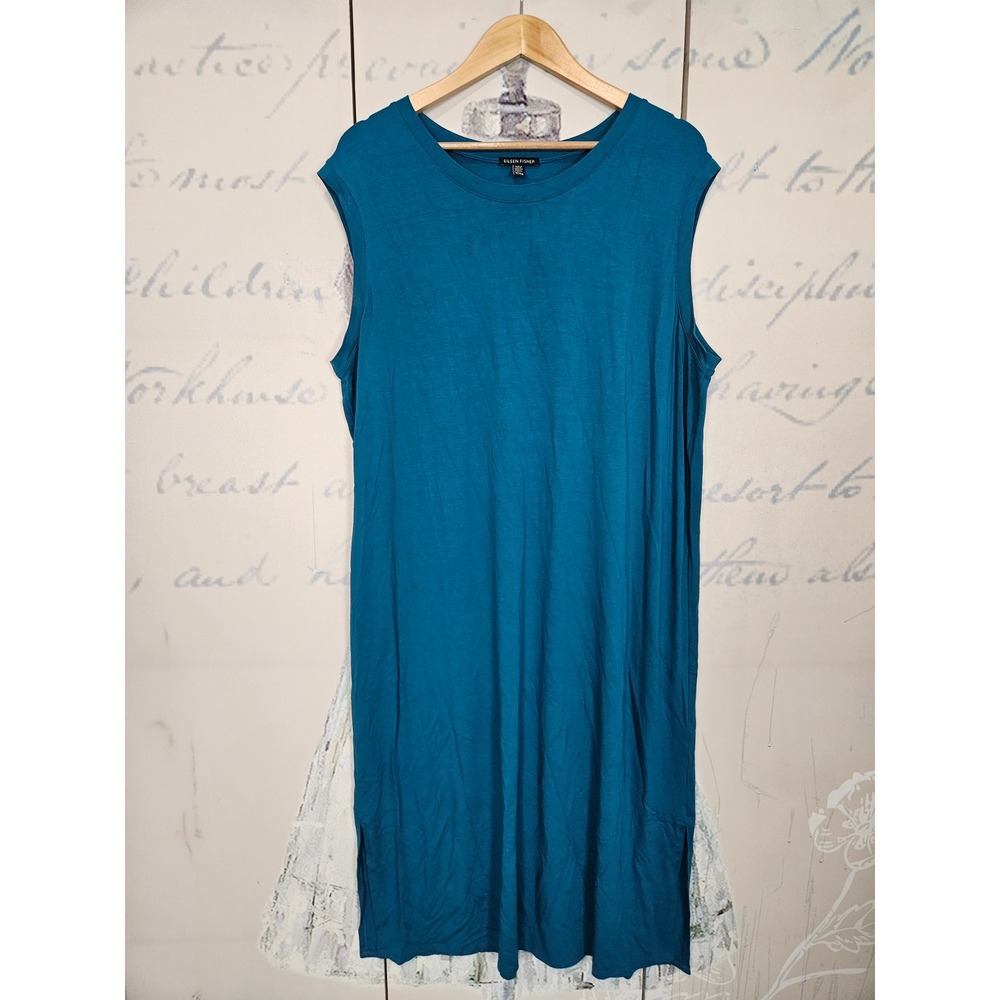 Eileen Fisher T-Shirt Dress XL Teal Sleeveless Viscose Jersey Shift‎ Lagenlook